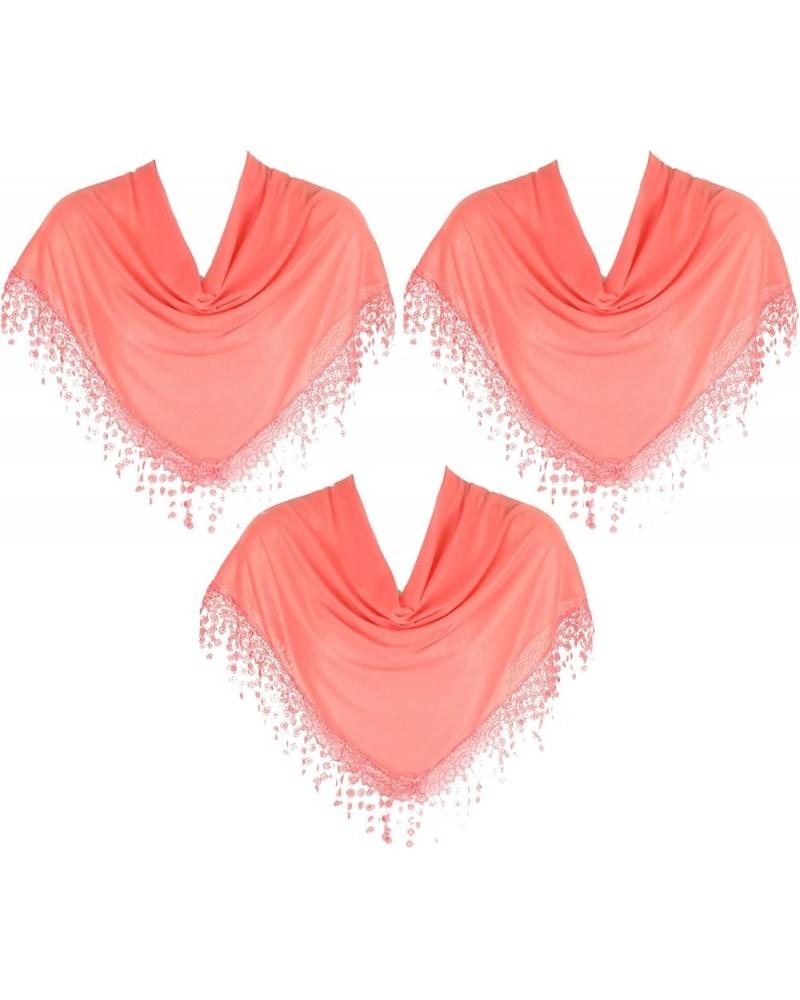 Triangle Scarf with Bobbin Lace Fringes for Women Pack of 3 Salmon Pink $14.79 Scarves