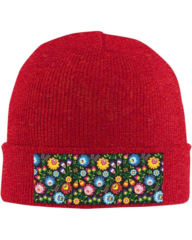 Floral Polish Folk Art Pattern Print Beanie Hat Winter Knit Hat for Men Women Snowboarding Red $13.69 Skullies & Beanies