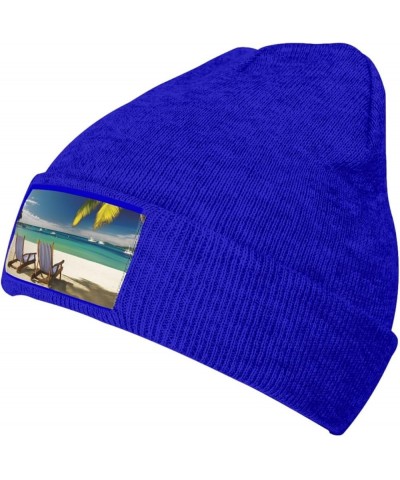 Beanie for Women Beach Palm Tree Chairs Boats Print Knitted Hat Men Winter Beanies Soft Knit Hats Warm Beanie Cap Blue $12.16...