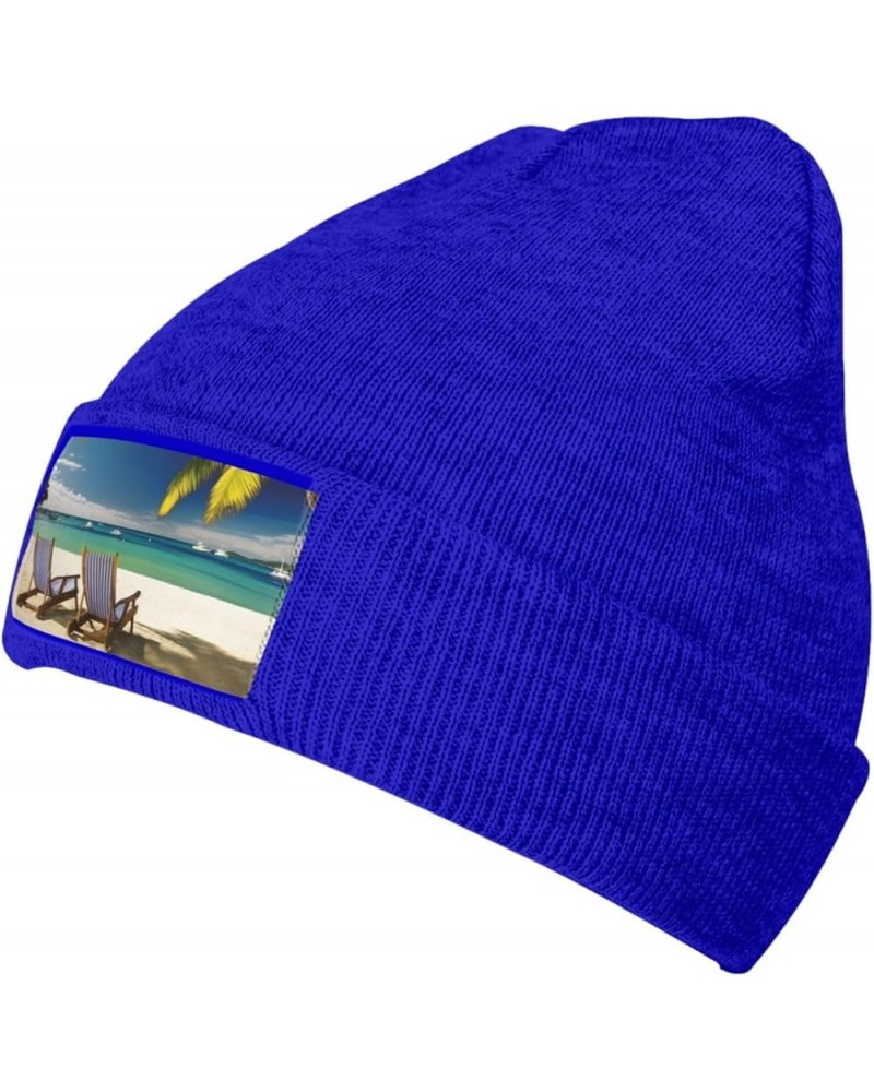 Beanie for Women Beach Palm Tree Chairs Boats Print Knitted Hat Men Winter Beanies Soft Knit Hats Warm Beanie Cap Blue $12.16...