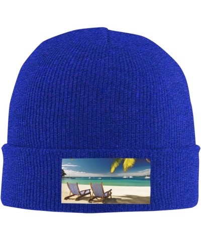 Beanie for Women Beach Palm Tree Chairs Boats Print Knitted Hat Men Winter Beanies Soft Knit Hats Warm Beanie Cap Blue $12.16...