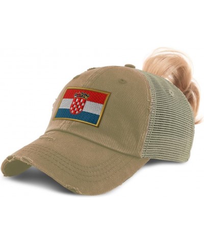 Womens Ponytail Cap Croatia Europe Football Cup Distressed Trucker Hats Khaki $14.78 Baseball Caps