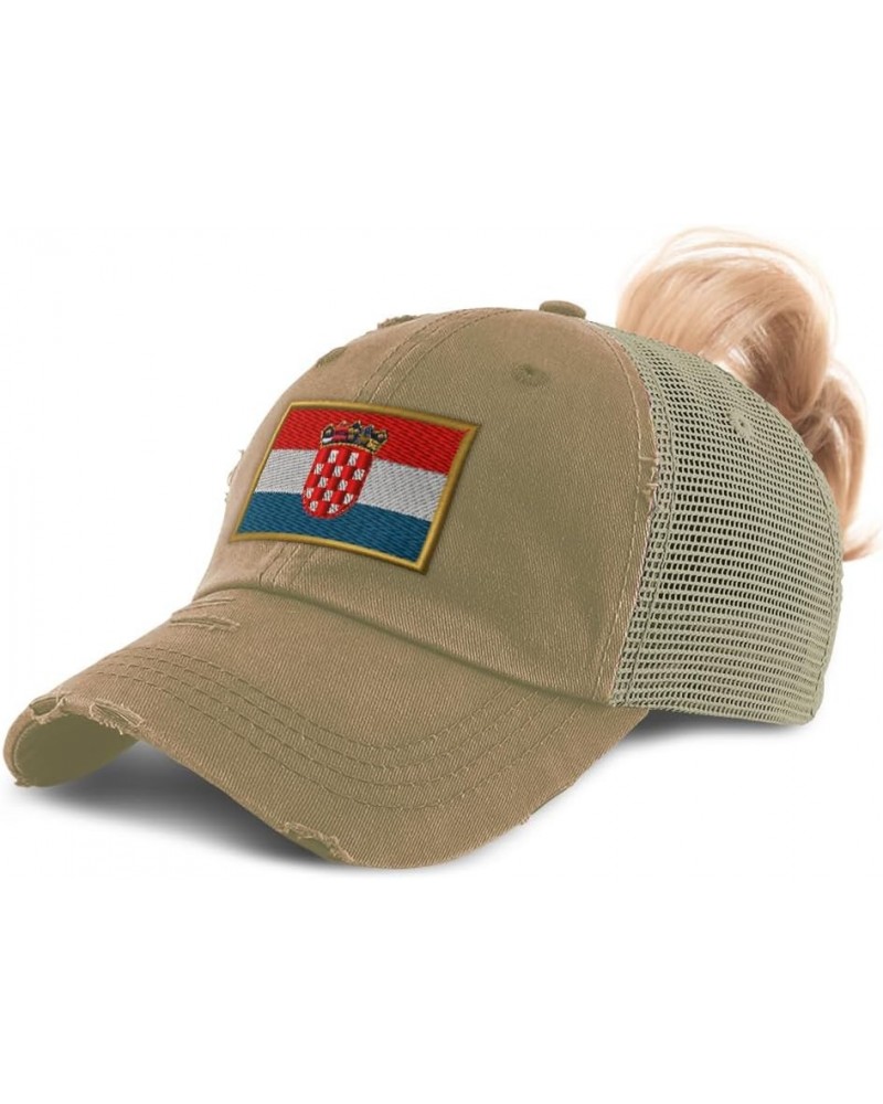 Womens Ponytail Cap Croatia Europe Football Cup Distressed Trucker Hats Khaki $14.78 Baseball Caps