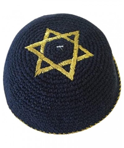 Navy Blue Knitted Kippah with Gold Border and Star of David in Center Design - 6 Kippot Per Order $10.56 Skullies & Beanies