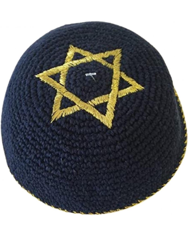 Navy Blue Knitted Kippah with Gold Border and Star of David in Center Design - 6 Kippot Per Order $10.56 Skullies & Beanies