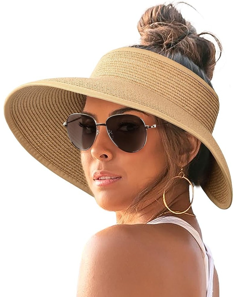 Sun Visor Hats for Women Wide Brim Straw Roll-Up Ponytail Summer Beach Hat UV UPF Packable Foldable Travel Khaki $13.63 Sun Hats