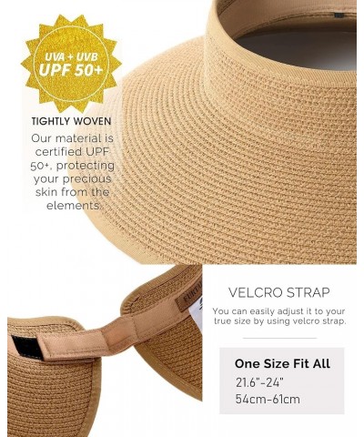 Sun Visor Hats for Women Wide Brim Straw Roll-Up Ponytail Summer Beach Hat UV UPF Packable Foldable Travel Khaki $13.63 Sun Hats