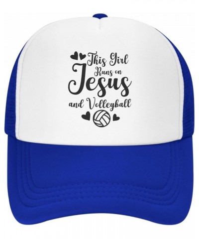 This Girl Runs On Jesus and Volleyball Baseball Hats for Men Women Adjustable Trucker Hat Blue $9.26 Baseball Caps