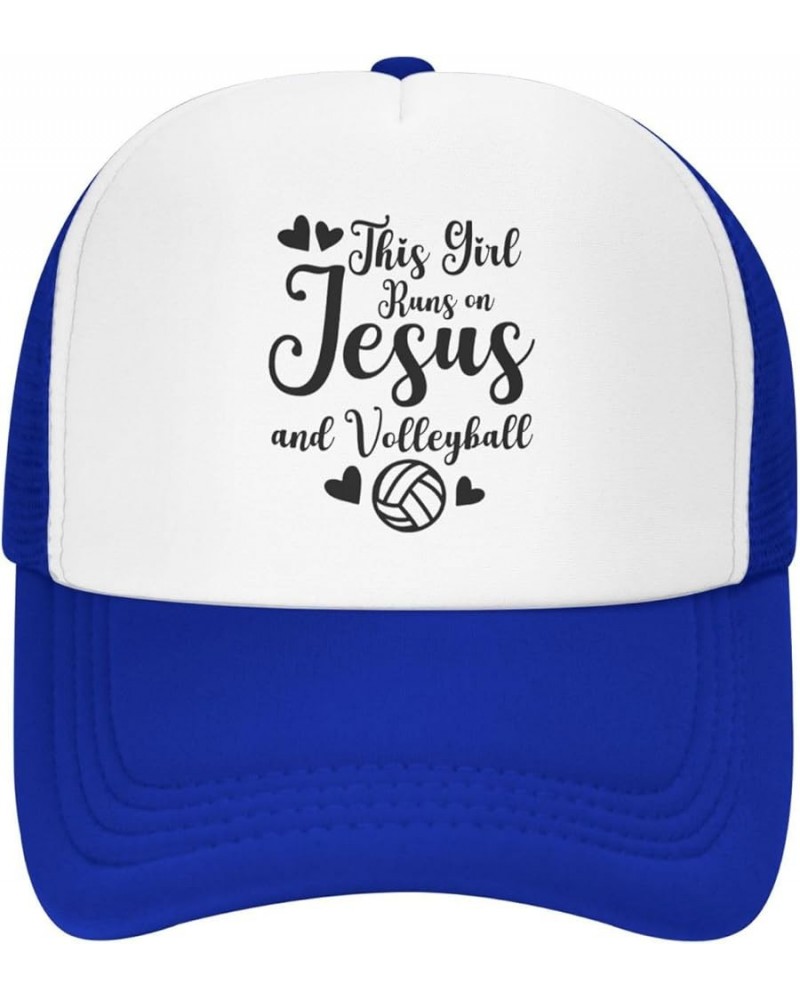 This Girl Runs On Jesus and Volleyball Baseball Hats for Men Women Adjustable Trucker Hat Blue $9.26 Baseball Caps