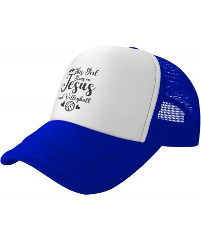 This Girl Runs On Jesus and Volleyball Baseball Hats for Men Women Adjustable Trucker Hat Blue $9.26 Baseball Caps