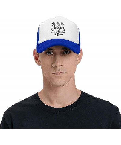 This Girl Runs On Jesus and Volleyball Baseball Hats for Men Women Adjustable Trucker Hat Blue $9.26 Baseball Caps