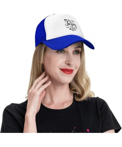 This Girl Runs On Jesus and Volleyball Baseball Hats for Men Women Adjustable Trucker Hat Blue $9.26 Baseball Caps