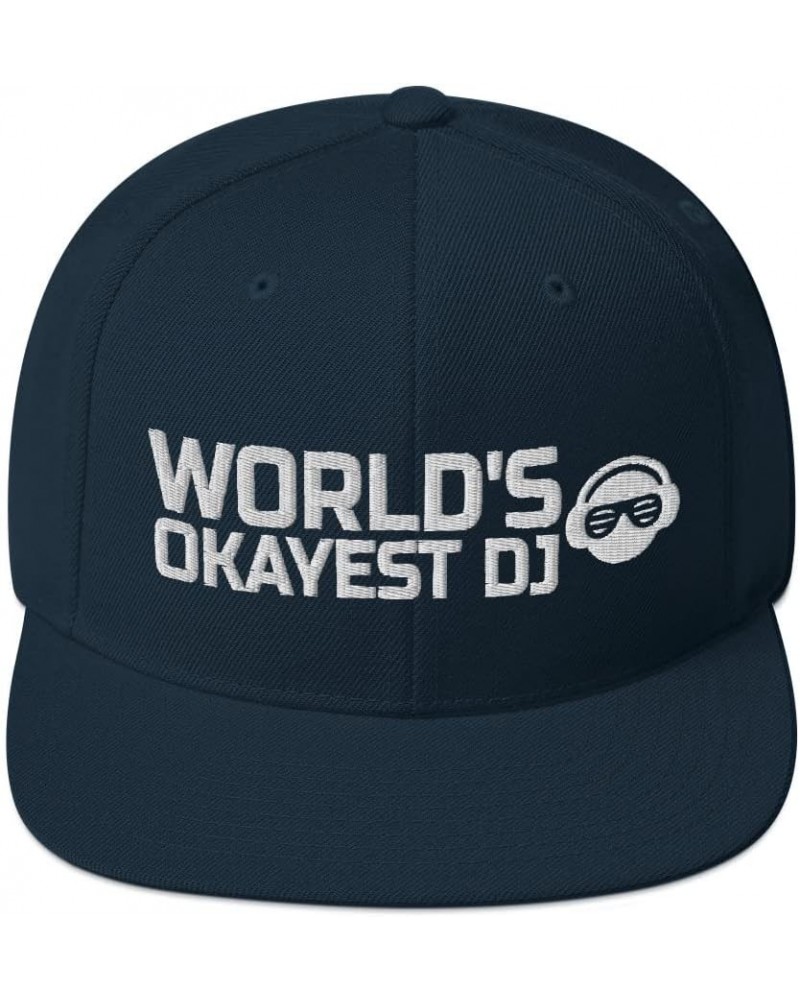 World's Okayest DJ Disc Jockey Flatbrim Flat Brim Snapback Hat Dark Navy $21.27 Baseball Caps