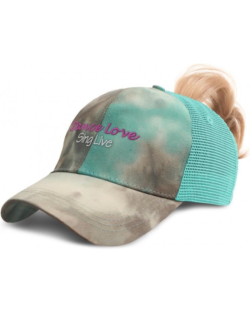 Womens Ponytail Cap Dance Love Sing Live Cotton Distressed Trucker Hats Tie Dye Aqua $15.59 Baseball Caps