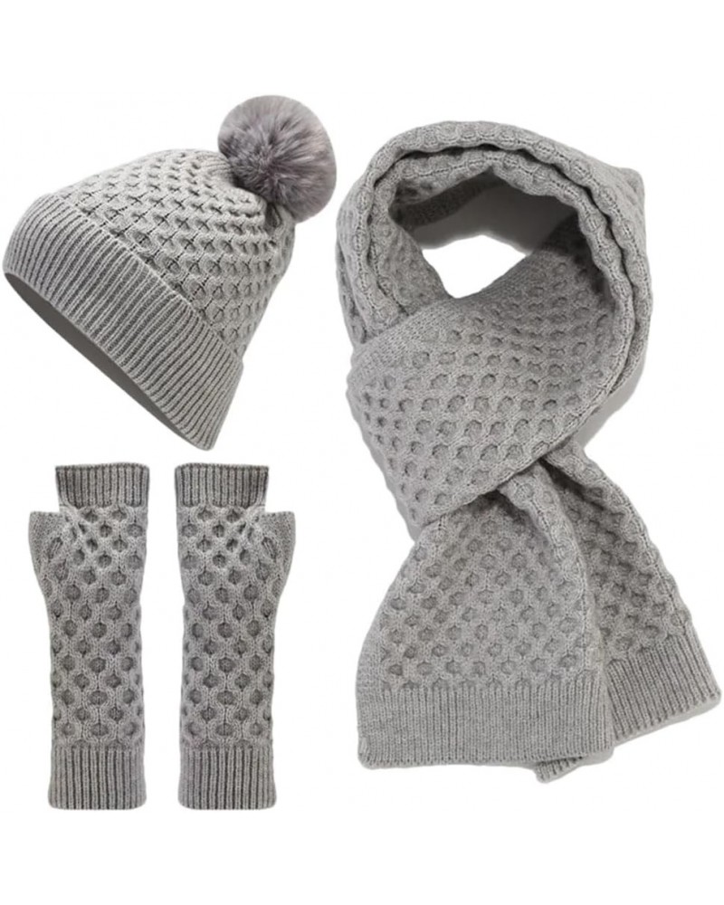 Unisex Warm Wool Knitted Scarf Bobble Hat Beanie Gloves Outdoor Ski Set New Year Gift Kit White $21.16 Scarves