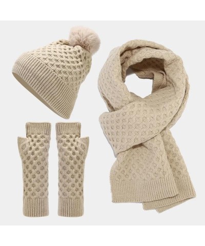 Unisex Warm Wool Knitted Scarf Bobble Hat Beanie Gloves Outdoor Ski Set New Year Gift Kit White $21.16 Scarves