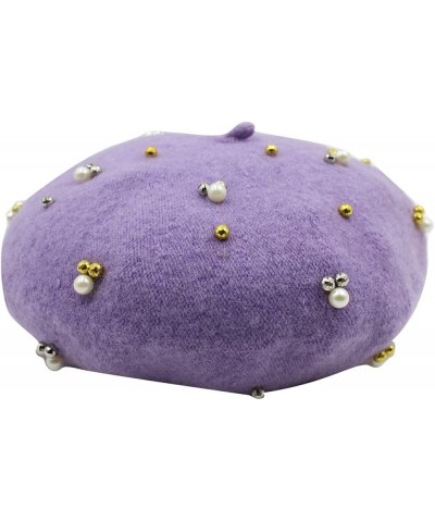 Girls Winter Woolen Beret Hat Classic French Style Beret Beanie Princess Pearl Decorated Dome Hat Cap Purple $10.02 Berets