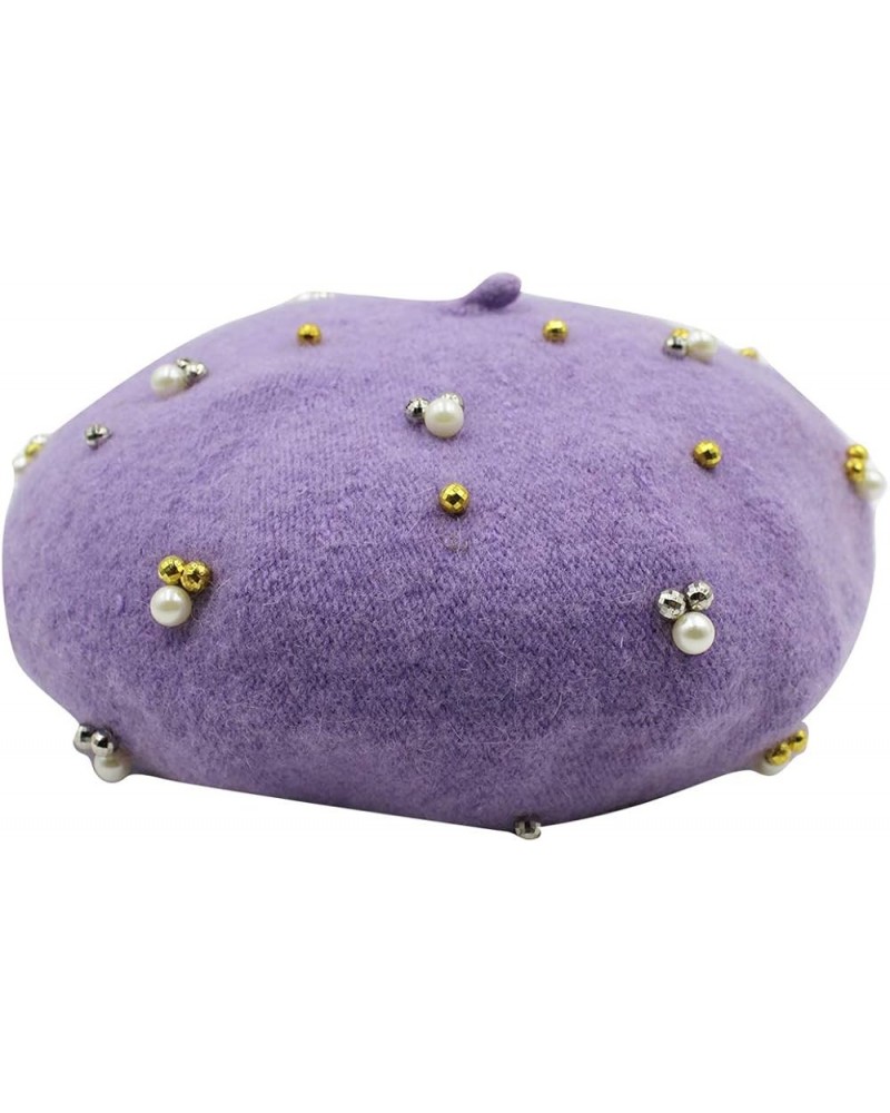 Girls Winter Woolen Beret Hat Classic French Style Beret Beanie Princess Pearl Decorated Dome Hat Cap Purple $10.02 Berets