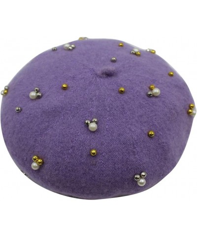 Girls Winter Woolen Beret Hat Classic French Style Beret Beanie Princess Pearl Decorated Dome Hat Cap Purple $10.02 Berets