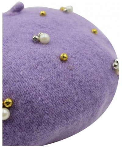 Girls Winter Woolen Beret Hat Classic French Style Beret Beanie Princess Pearl Decorated Dome Hat Cap Purple $10.02 Berets