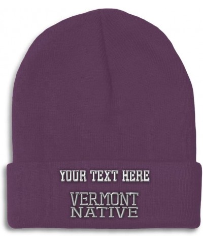 Custom Beanies for Men Vermont Native United States Embroidery Winter Hats for Women Skull Cap 1 Size Purple Personalized Tex...