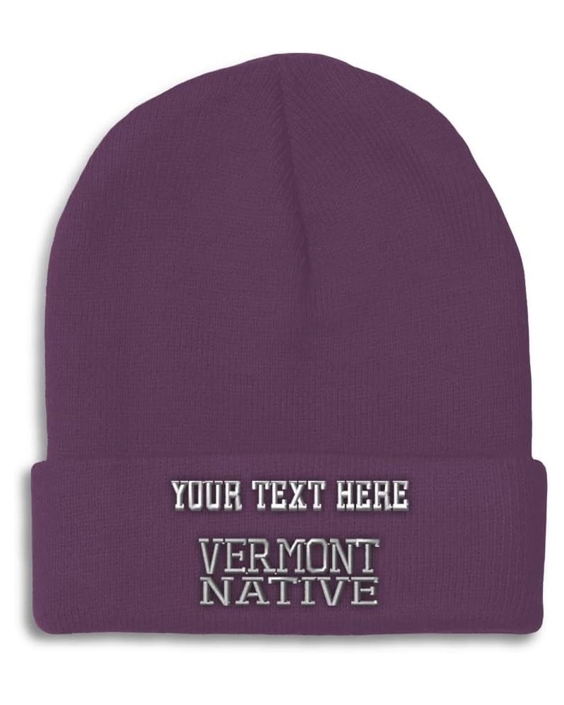 Custom Beanies for Men Vermont Native United States Embroidery Winter Hats for Women Skull Cap 1 Size Purple Personalized Tex...