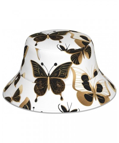 Gold Butterflies Picture Reversible Bucket Hat - Unisex Protection Headwear for Camping and Outdoor Activities, Black, One Si...