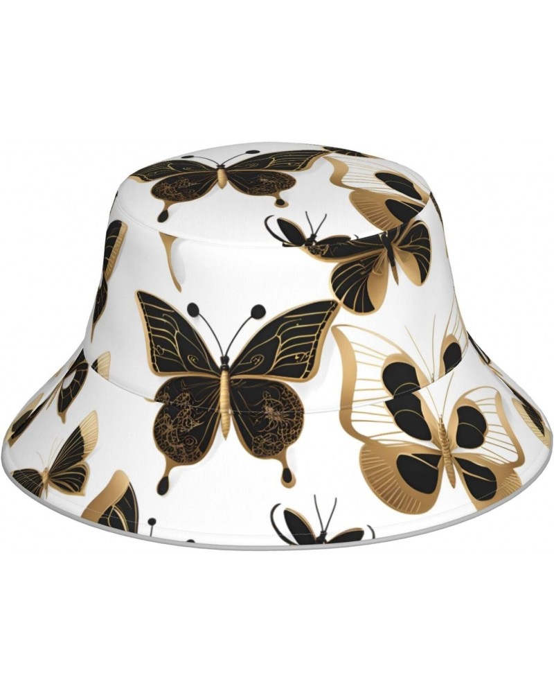 Gold Butterflies Picture Reversible Bucket Hat - Unisex Protection Headwear for Camping and Outdoor Activities, Black, One Si...