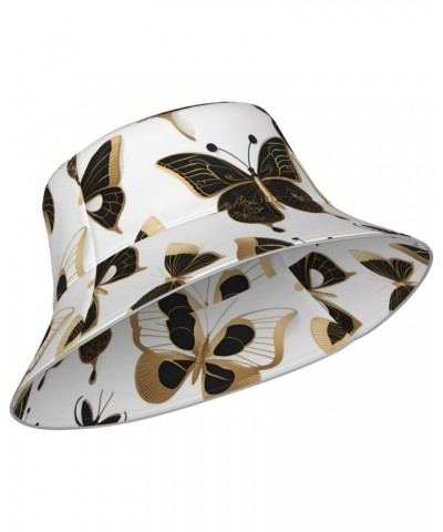 Gold Butterflies Picture Reversible Bucket Hat - Unisex Protection Headwear for Camping and Outdoor Activities, Black, One Si...