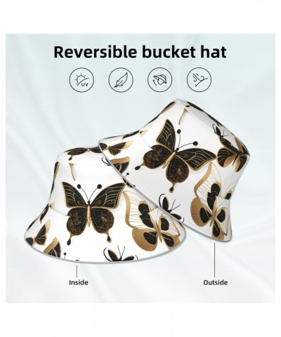 Gold Butterflies Picture Reversible Bucket Hat - Unisex Protection Headwear for Camping and Outdoor Activities, Black, One Si...