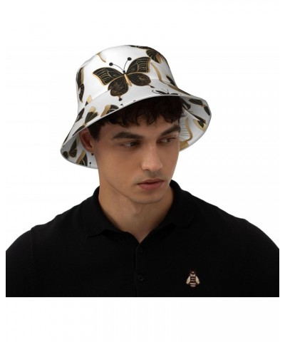 Gold Butterflies Picture Reversible Bucket Hat - Unisex Protection Headwear for Camping and Outdoor Activities, Black, One Si...