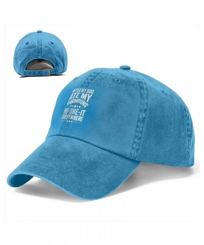 After My Dog Ate My Pronouns He She It Everywhere Hat Black Baseball Cap Vintage Cotton Washed Trucker Hat Blue $10.33 Baseba...