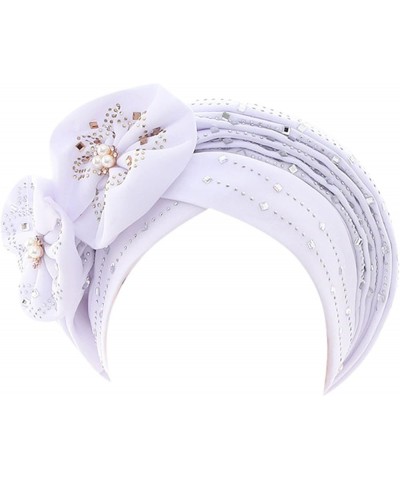 Women Rhinestone Pre-Tied Turban Hat Muslim Flower Headscarf Head Wraps Cancer Chemo Hair Wraps for Lady White $8.00 Skullies...