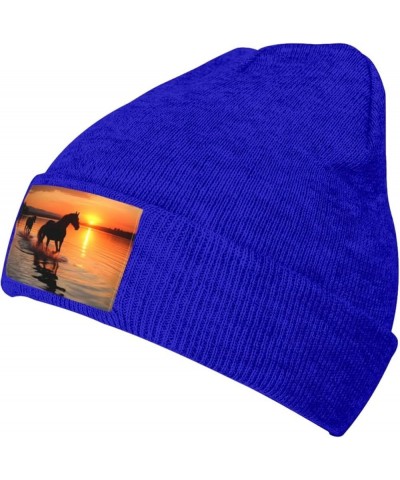 Sunsets Lake Horses Printed Beanie Hat for Women Men,Acrylic Knit Hats,Winter Warm Hats,Soft Knit Ski Hats Unisex Blue $13.96...