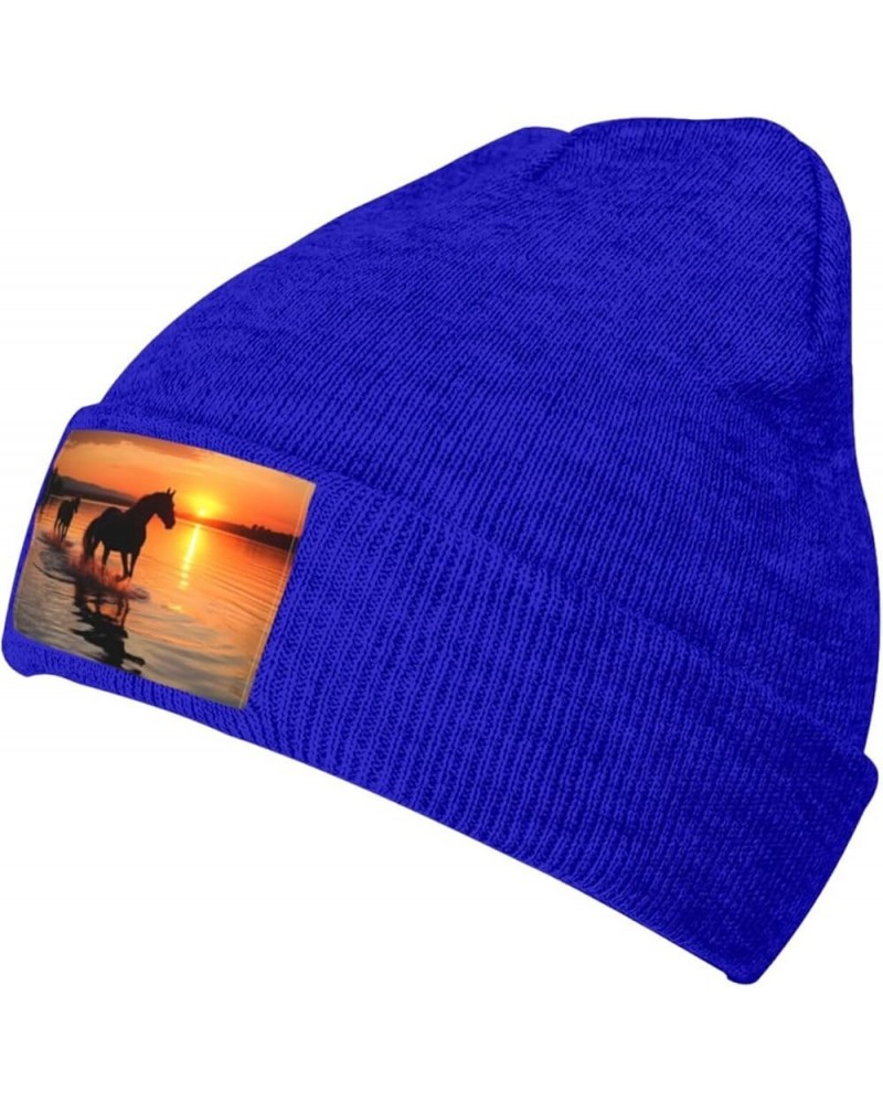 Sunsets Lake Horses Printed Beanie Hat for Women Men,Acrylic Knit Hats,Winter Warm Hats,Soft Knit Ski Hats Unisex Blue $13.96...