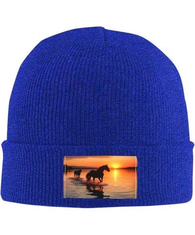 Sunsets Lake Horses Printed Beanie Hat for Women Men,Acrylic Knit Hats,Winter Warm Hats,Soft Knit Ski Hats Unisex Blue $13.96...