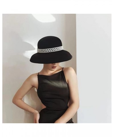 Winter Wool Hat Bell Hat Women's French Retro and Winter Celebrity Pearl Wool Felt Bucket Hat 55-58CM 17 $36.04 Fedoras