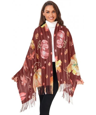 Watercolor Autumn Pumpkin Scarfs for Women Warm Soft Pashmina Shawl Wrap Scarves Red Maple Leaves Fashion Shawl Scarf Pattern...