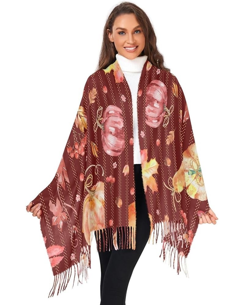 Watercolor Autumn Pumpkin Scarfs for Women Warm Soft Pashmina Shawl Wrap Scarves Red Maple Leaves Fashion Shawl Scarf Pattern...