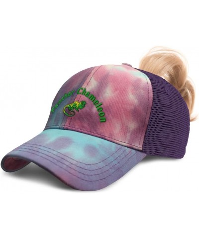 Custom Womens Ponytail Cap Panther Chameleon Reptiles Reptile Cotton Nature Distressed Trucker Hat Tie Dye Purple Design Only...