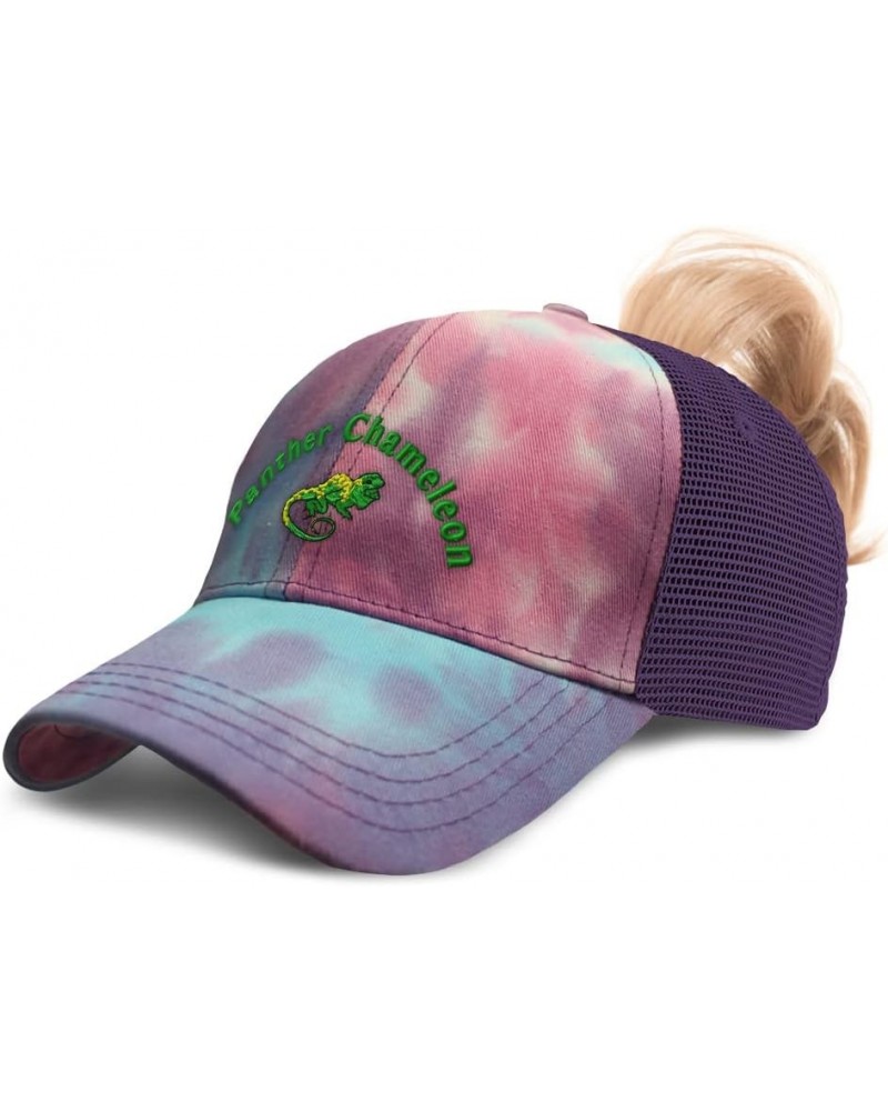 Custom Womens Ponytail Cap Panther Chameleon Reptiles Reptile Cotton Nature Distressed Trucker Hat Tie Dye Purple Design Only...