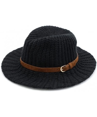 Women's Fashion Basic Leather Belt Trim Knit Wide Brim Panama Hat Black $24.95 Fedoras