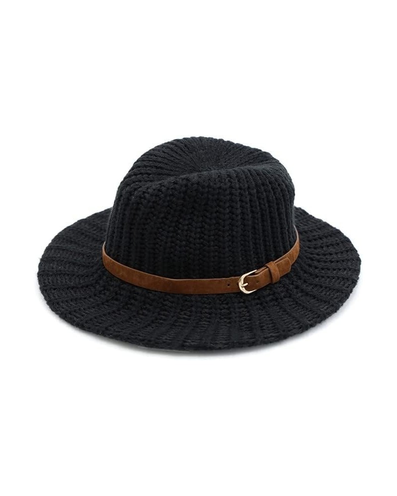 Women's Fashion Basic Leather Belt Trim Knit Wide Brim Panama Hat Black $24.95 Fedoras