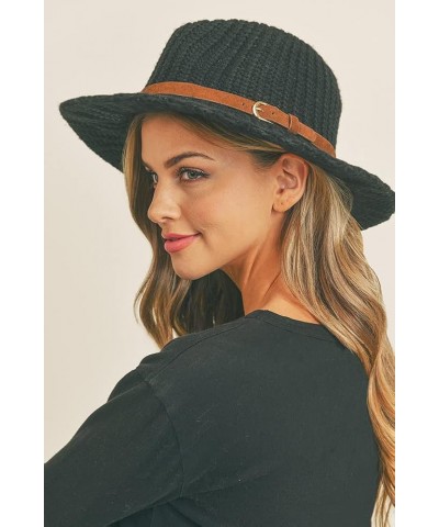 Women's Fashion Basic Leather Belt Trim Knit Wide Brim Panama Hat Black $24.95 Fedoras