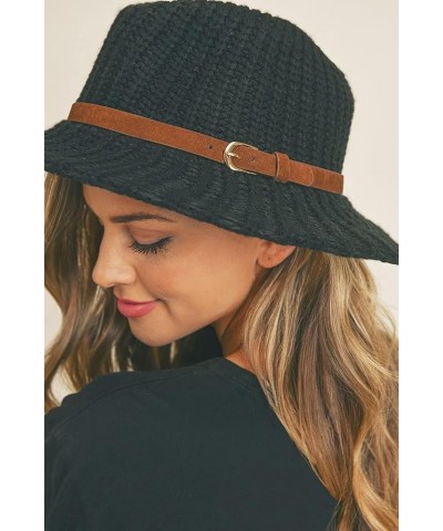 Women's Fashion Basic Leather Belt Trim Knit Wide Brim Panama Hat Black $24.95 Fedoras