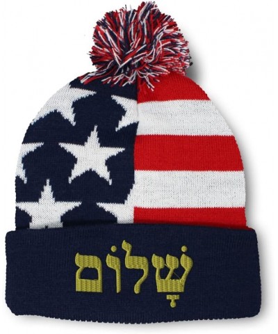 Custom Pom Pom Beanies for Women Shalom in Hebrew Gold Embroidery Skull Cap Winter Hats for Men 1 Size American Flag Design O...