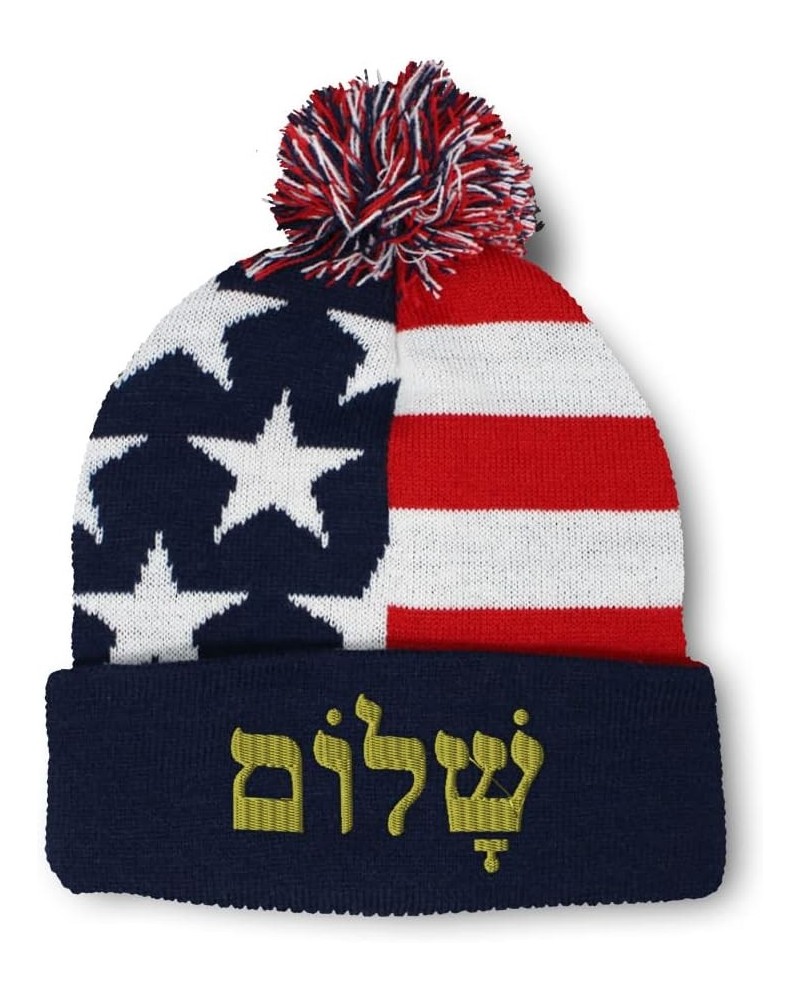 Custom Pom Pom Beanies for Women Shalom in Hebrew Gold Embroidery Skull Cap Winter Hats for Men 1 Size American Flag Design O...