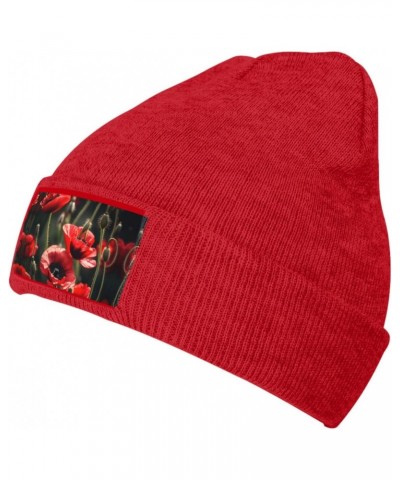 Beautiful Red Poppy Flower Luxurious Velvet Patch Design,Knitted Wool Hat,Ideal for Sporty & Outdoor Activities $12.36 Skulli...