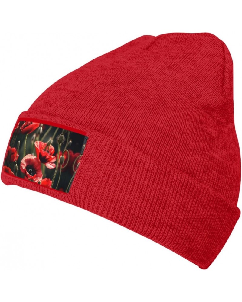 Beautiful Red Poppy Flower Luxurious Velvet Patch Design,Knitted Wool Hat,Ideal for Sporty & Outdoor Activities $12.36 Skulli...