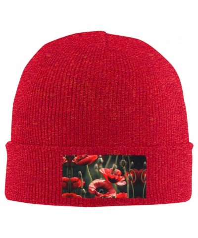 Beautiful Red Poppy Flower Luxurious Velvet Patch Design,Knitted Wool Hat,Ideal for Sporty & Outdoor Activities $12.36 Skulli...